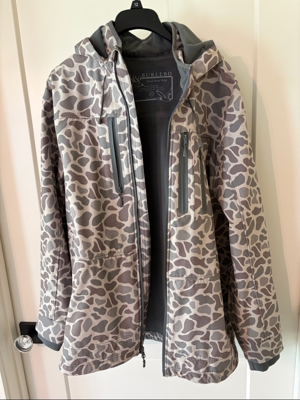 BURLEBO Grey and Taupe Camo Hooded Softshell Jacket